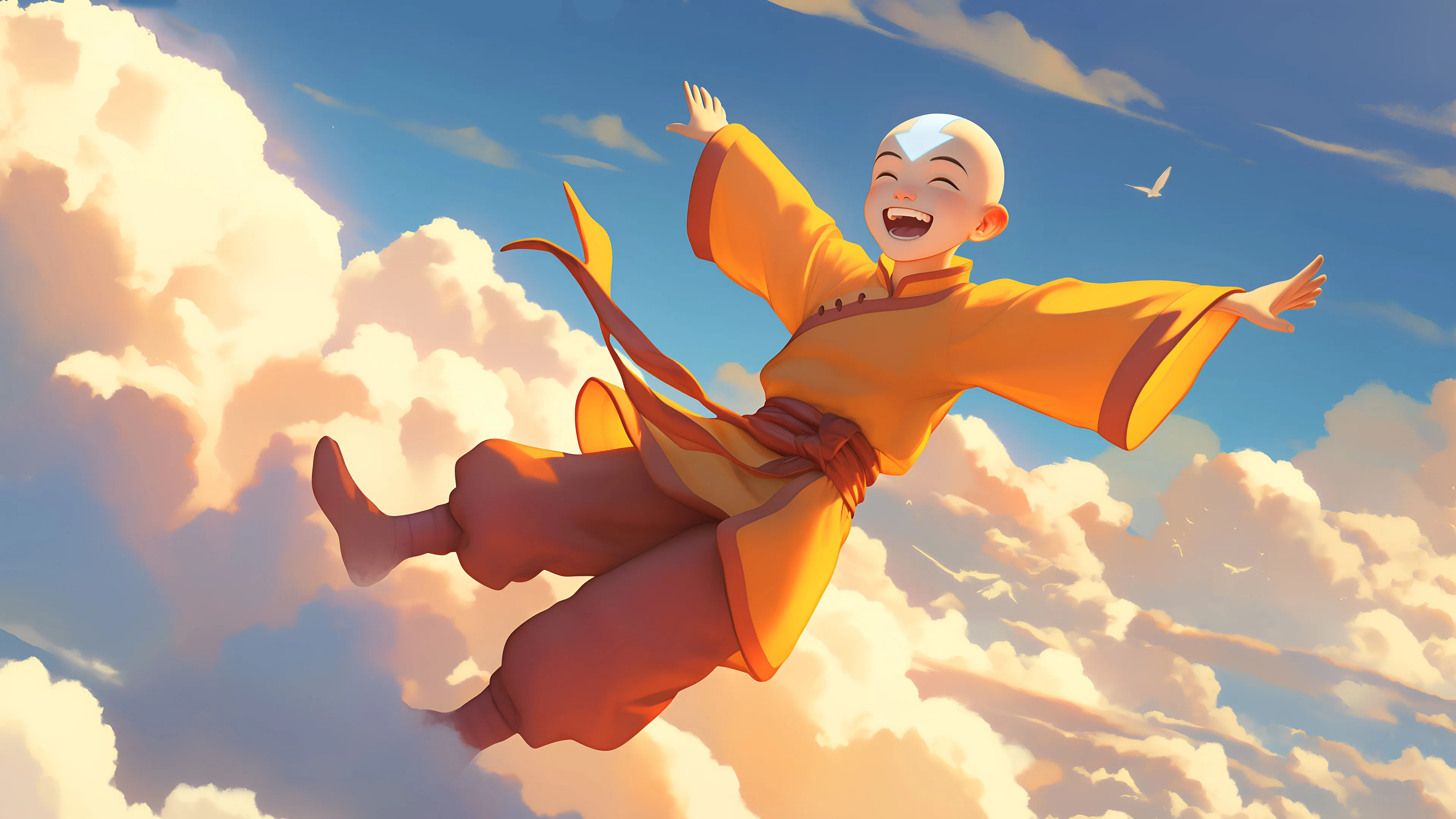 A digital art illustration of Aang from Avatar: The Last Airbender. He is shown gliding through a bright, cloudy sky with his arms and legs spread out, wearing his signature orange and yellow airbender robes. He has a joyful and carefree expression on his face. The art style is vibrant and dynamic.