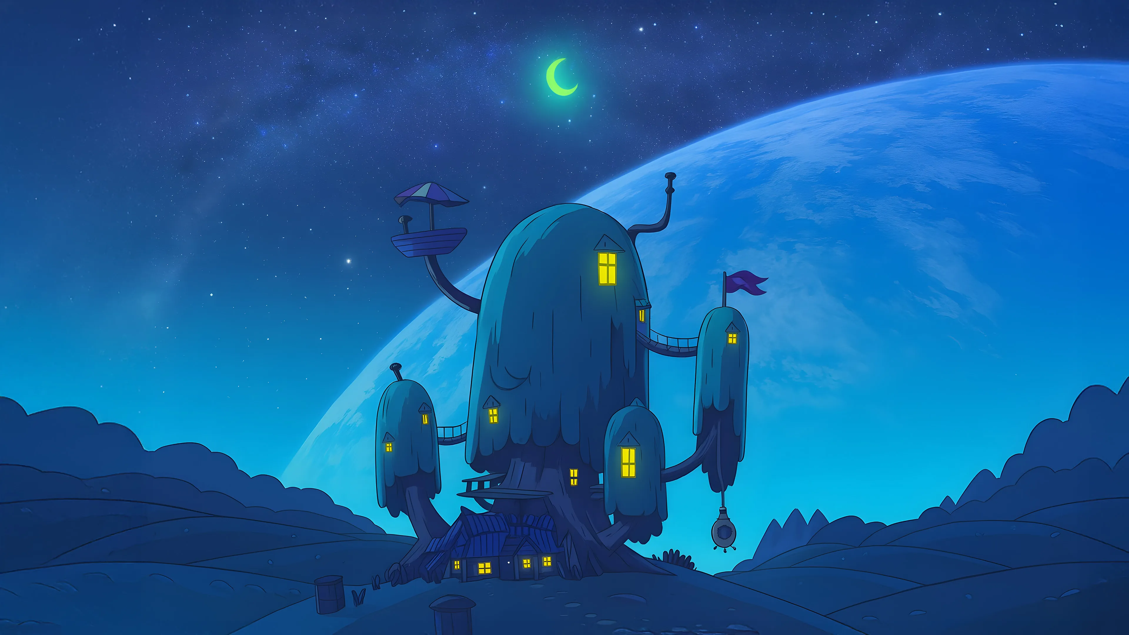 A digital art illustration of the Adventure Time treehouse at night. The iconic treehouse is illuminated from within, set against a dark blue, starry sky with a large, glowing planet and a green crescent moon in the background. The mood is calm and serene.