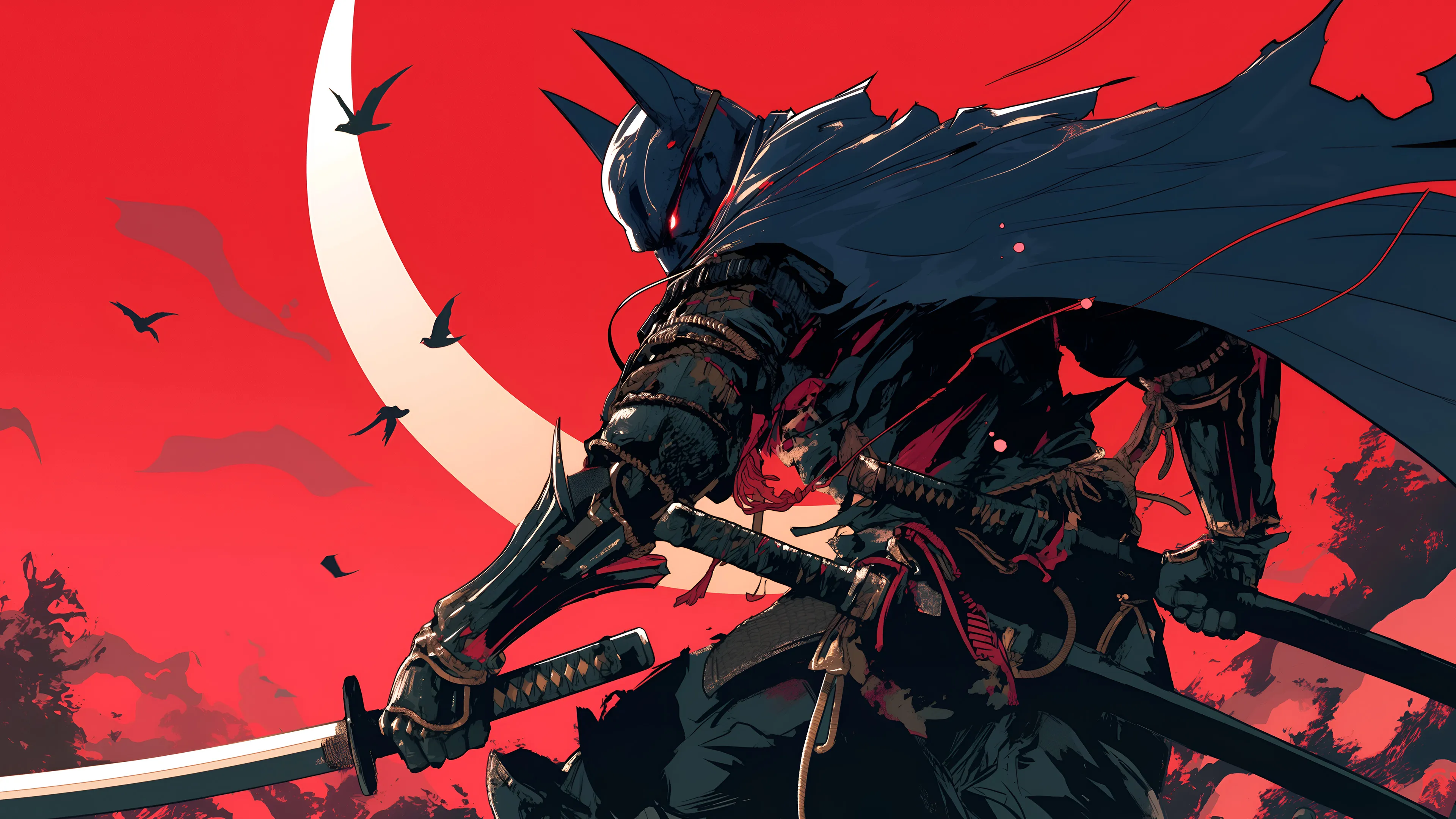 A dramatic digital art illustration of Batman reimagined as a samurai warrior. He is shown in a dynamic pose, holding two katanas, with a dark, flowing cape. The background is a stark, blood-red sky with a large white crescent moon and silhouetted birds. The color palette is dominated by red, black, and white.