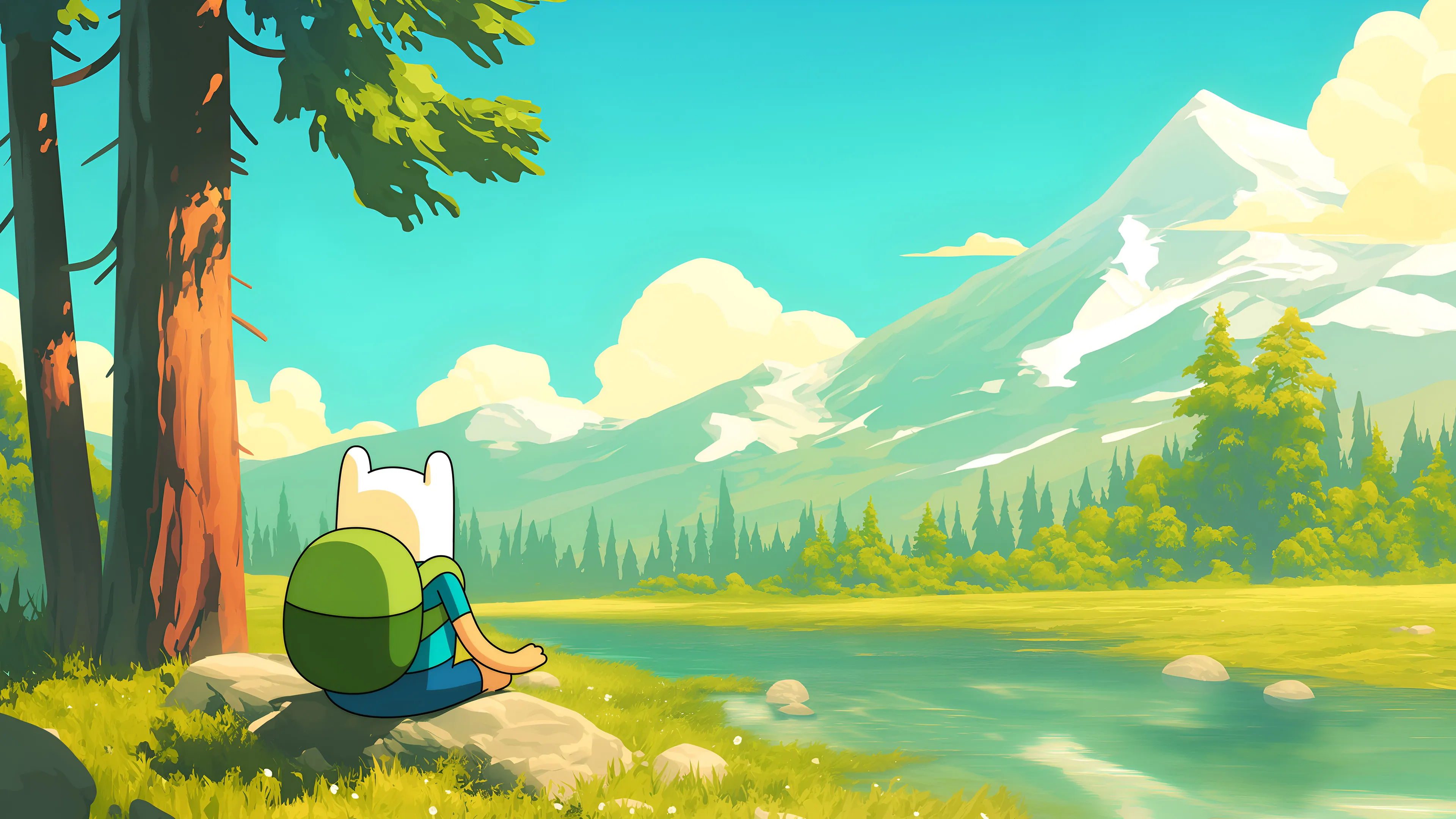 A digital art illustration of Finn the Human from Adventure Time, sitting on a rock and looking out at a peaceful river flowing through a lush, green landscape. In the background, there are majestic mountains with snow-capped peaks under a bright blue sky with fluffy clouds. The art style is vibrant and serene.
