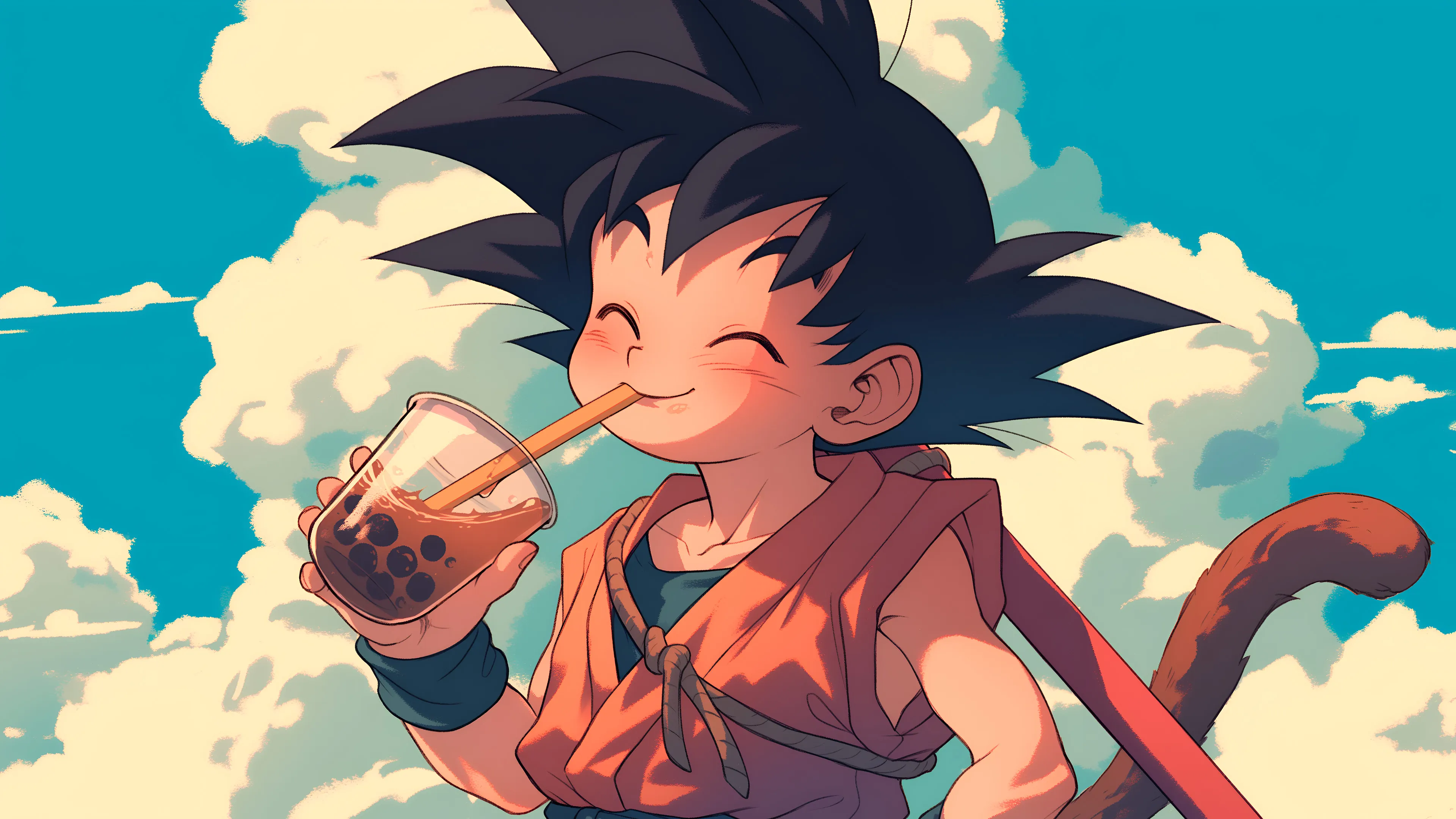 A digital art illustration of a young Goku from Dragon Ball. He is shown with a happy, content expression while drinking a boba tea with a large straw. He is set against a bright blue sky with fluffy white clouds, and his tail is visible. The art style is cute and cheerful.