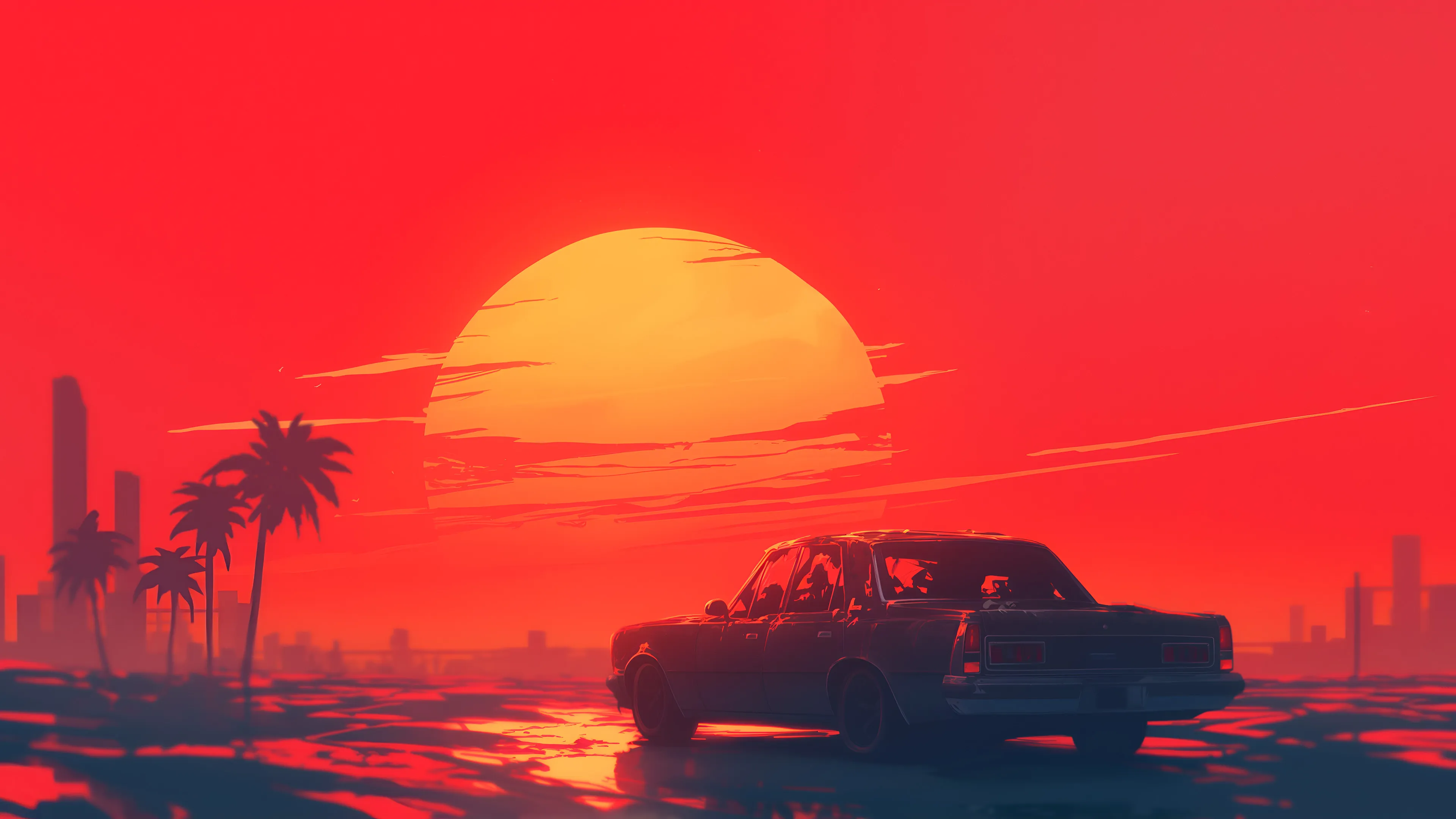 A digital art illustration in a retro-futuristic, vaporwave style. The image features a classic car driving on a wet, reflective surface towards a silhouetted cityscape. A massive, glowing orange sun is setting in a vibrant red sky. Palm trees and skyscrapers are visible as dark silhouettes.