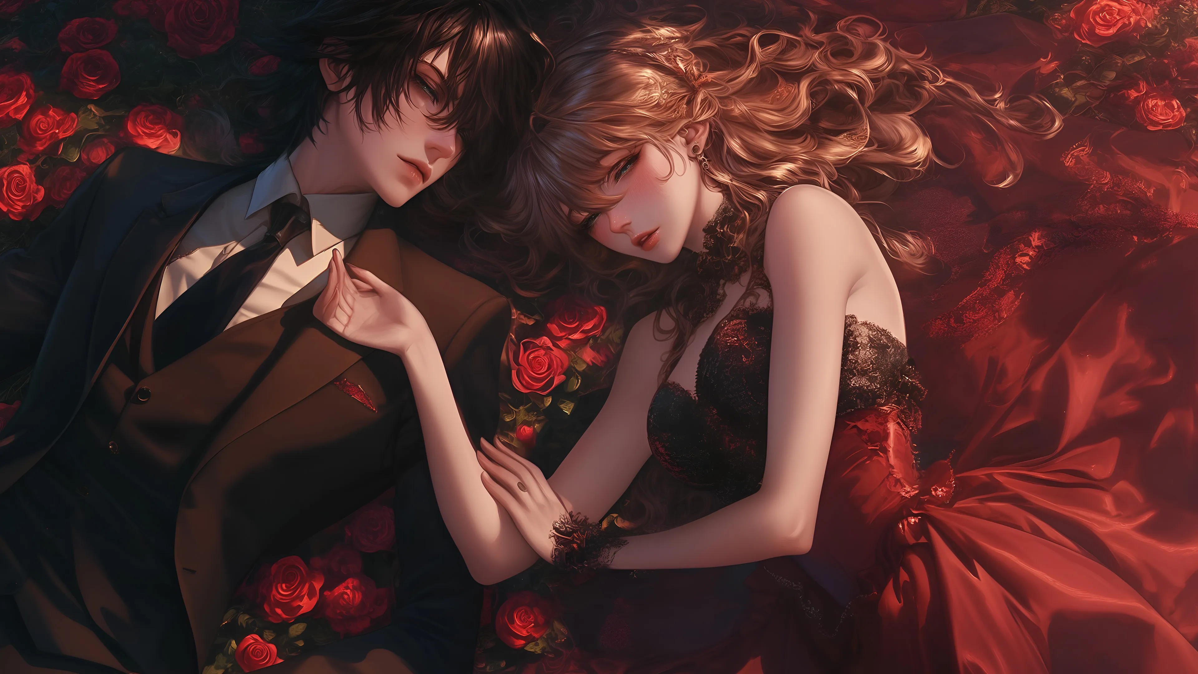 A romantic digital art illustration of an anime couple lying on the ground, surrounded by red roses. The man has dark hair and is wearing a brown suit, while the woman has long, flowing blonde hair and is wearing a red and black dress. They are holding hands and embracing with their eyes closed, creating a tender and passionate mood.