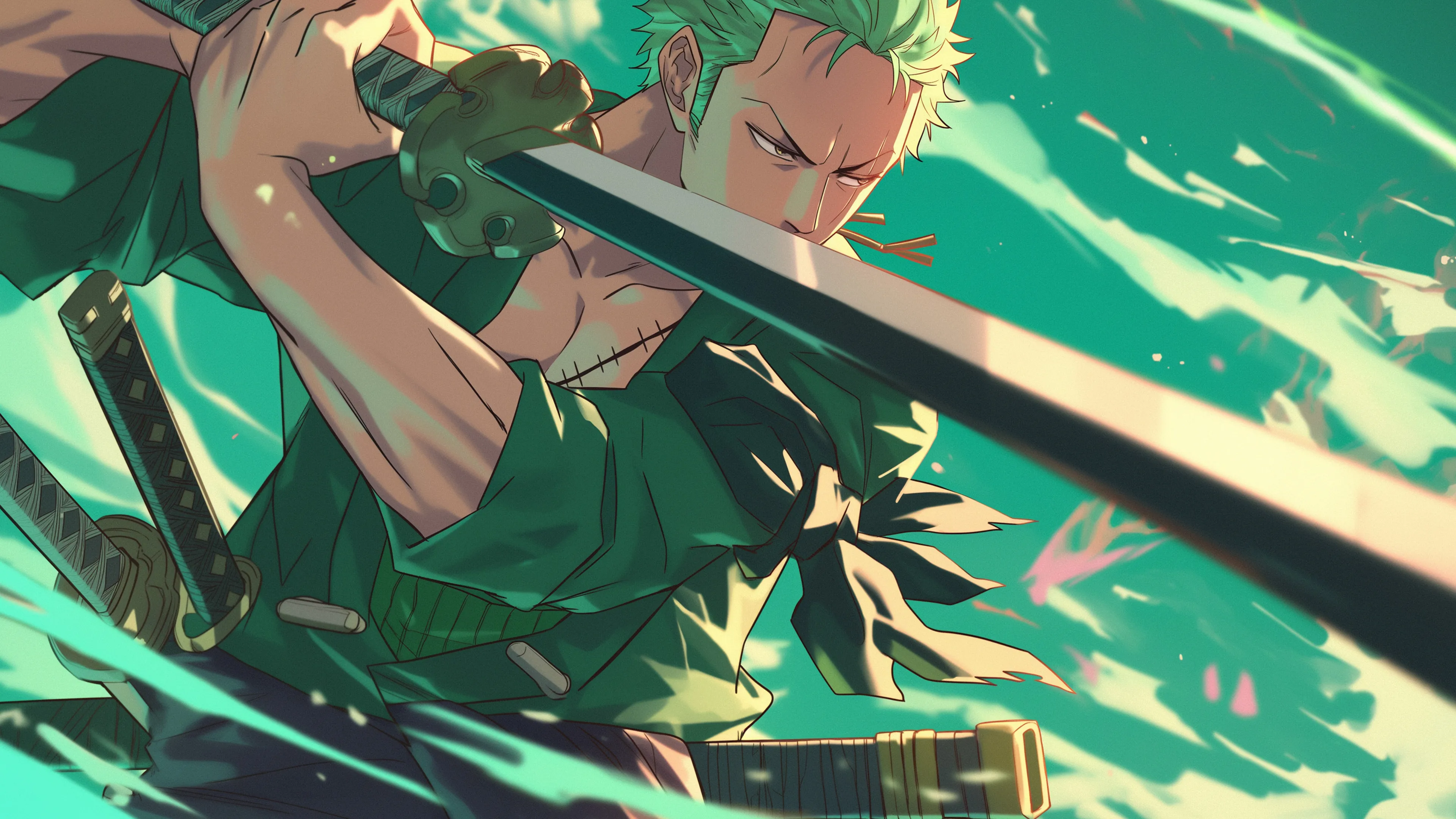 A dynamic digital art illustration of Roronoa Zoro from One Piece. He is shown in a combat stance, drawing one of his swords with an intense, focused expression. The image is dominated by shades of green and teal, with a chaotic, energetic background that suggests movement.