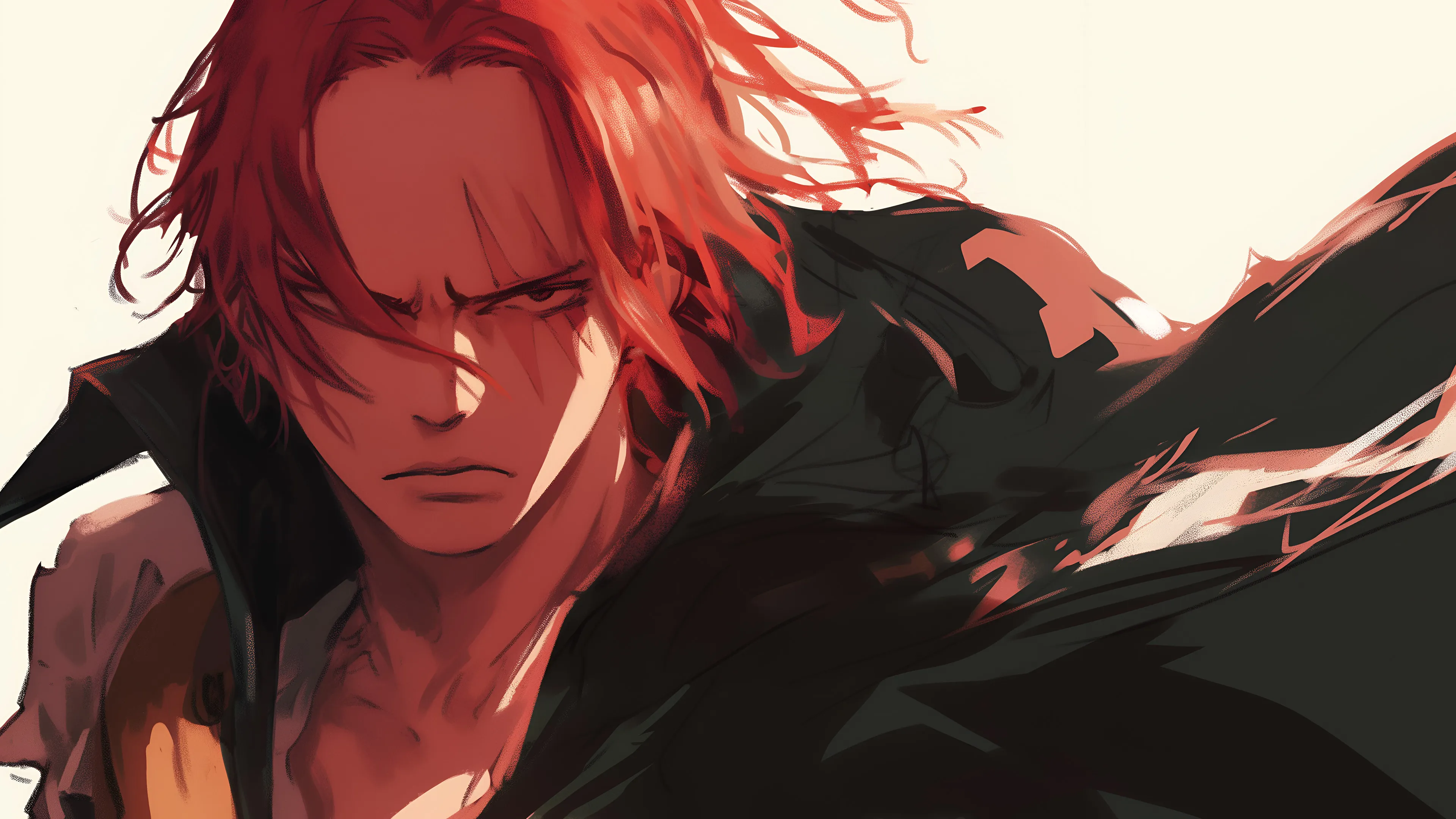 A digital art illustration of Shanks from One Piece. He has long, flowing red hair and a stern, intense expression. His face is partially in shadow, and he is wearing a dark, tattered cloak. The art style is painterly with a muted, warm color palette.