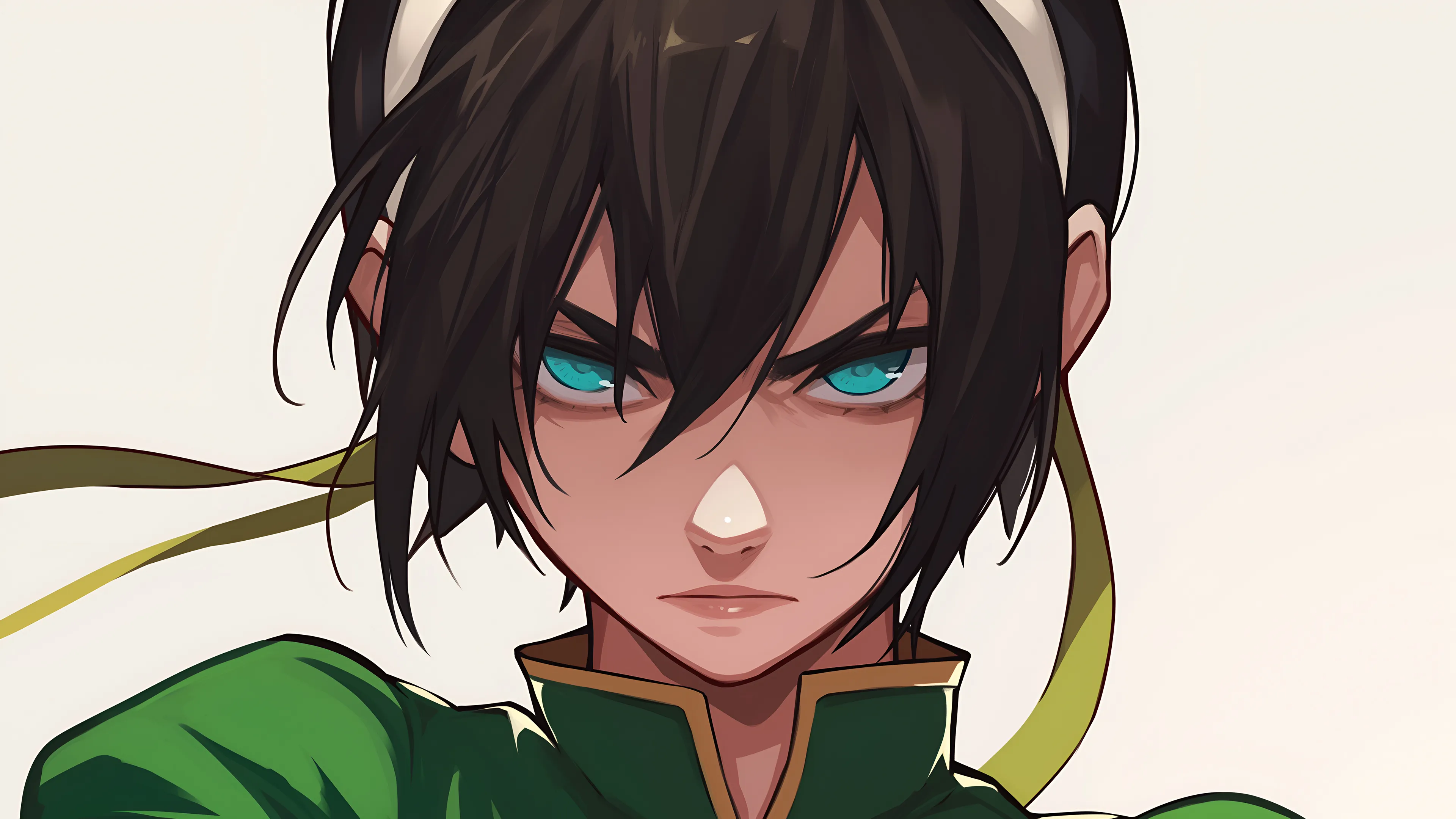 A close-up digital art portrait of Toph Beifong from Avatar: The Last Airbender. She has dark hair with a headband and her signature, intense, pupil-less light blue eyes. She is wearing a green earthbending uniform and has a fierce and determined expression.