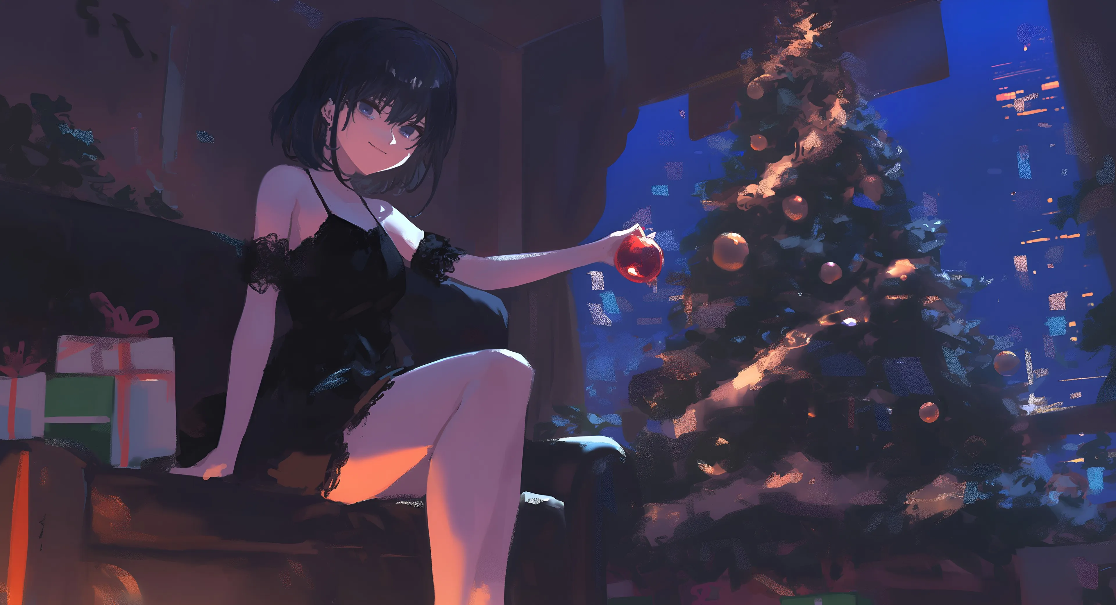 A digital art illustration of an anime girl with short black hair and blue eyes, wearing a black slip dress. She is sitting on a sofa in a dimly lit room, holding a red Christmas ornament. In the background, there is a glowing Christmas tree and a window looking out onto a city at night.