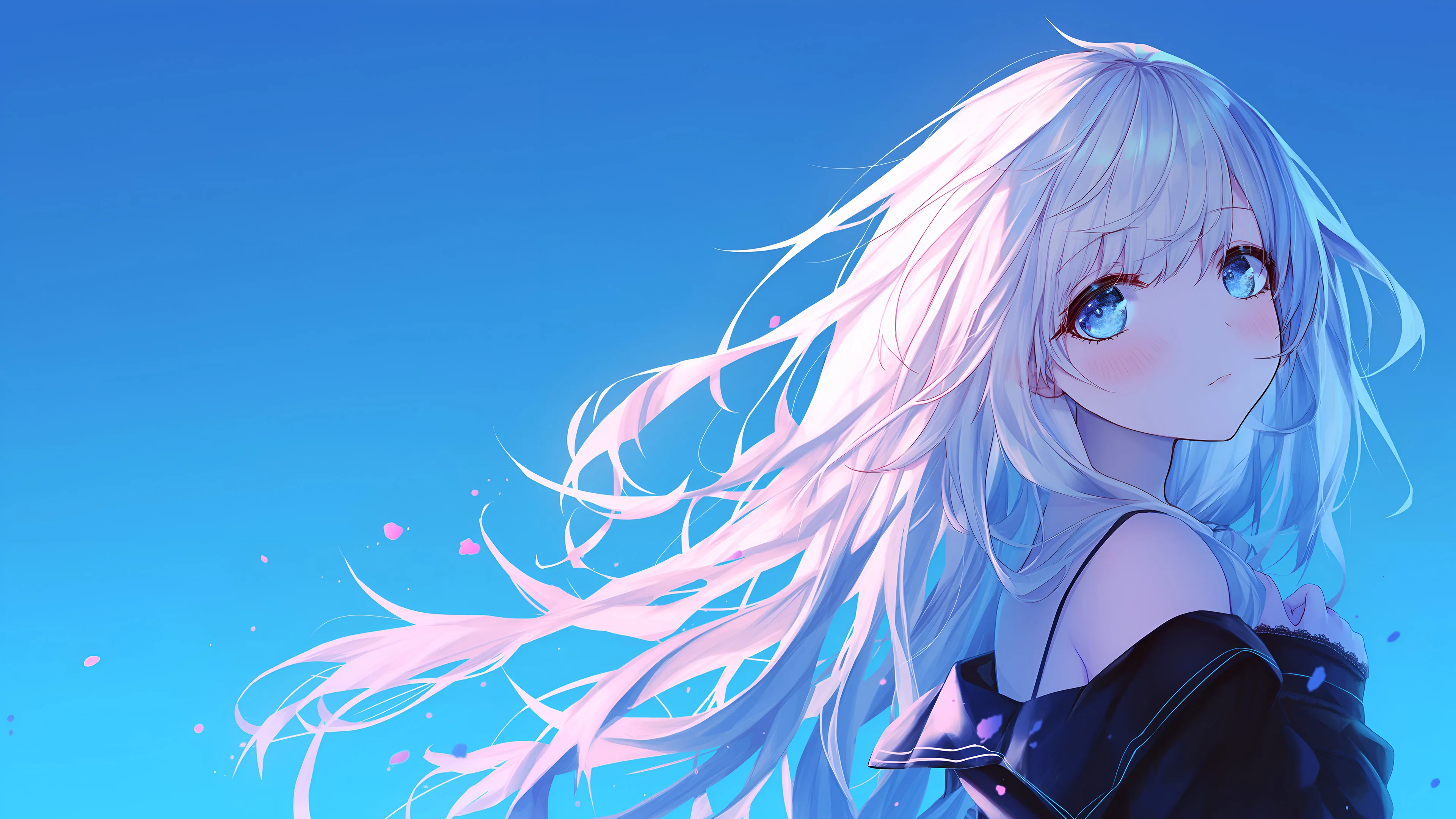 A digital art illustration of a blonde anime girl with long, flowing white hair and large blue eyes. Her hair is slightly windswept and has pink highlights. She is looking slightly to the side with a serene expression against a simple, vibrant blue sky background.