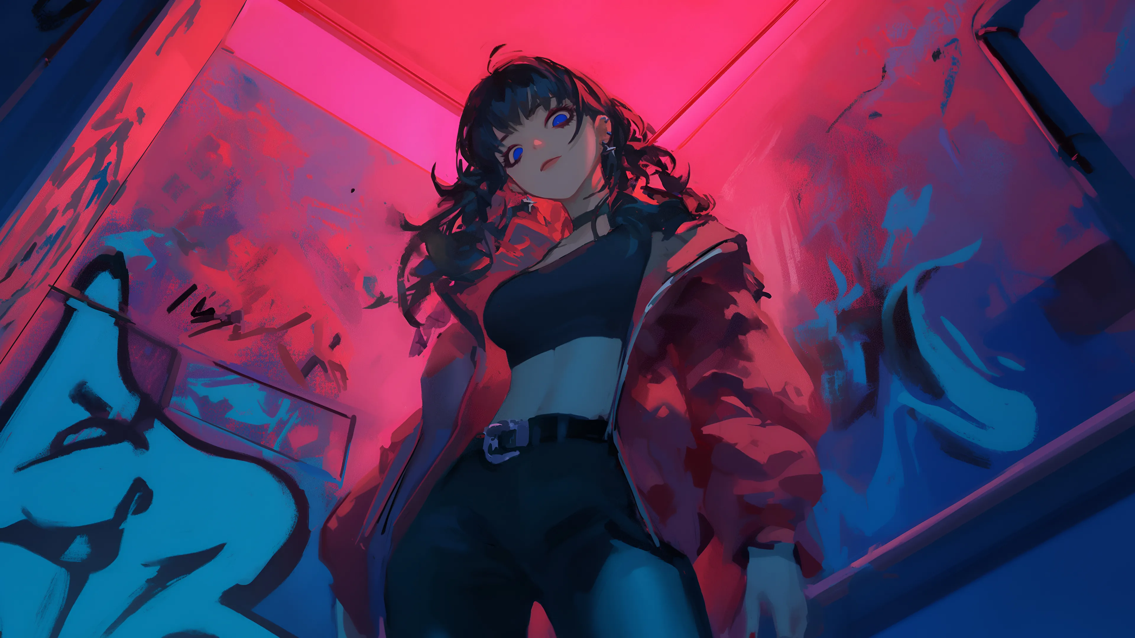 A digital art illustration of a cool anime girl with black hair and blue eyes, wearing a black crop top and a red jacket. She is standing in a narrow hallway illuminated by vibrant pink and blue neon lights, with graffiti on the walls. The perspective is a low-angle shot, looking up at her.