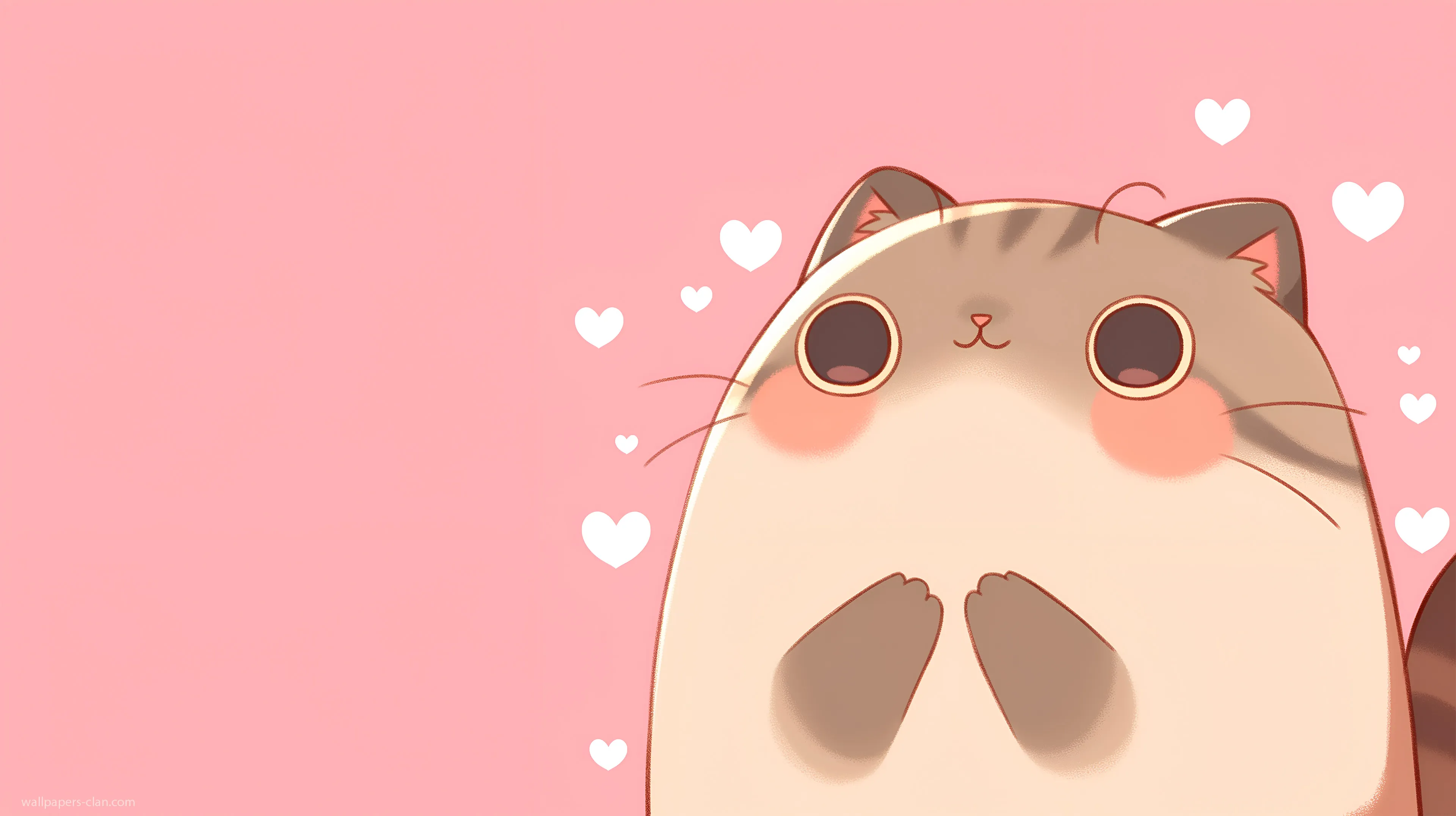 A minimalist, cute digital art illustration of a cat's head and paws peeking from the bottom right of the frame. The cat has wide, innocent eyes, rosy cheeks, and brown stripes. It is set against a solid pink background with small white hearts floating around it, creating a cheerful and loving mood.