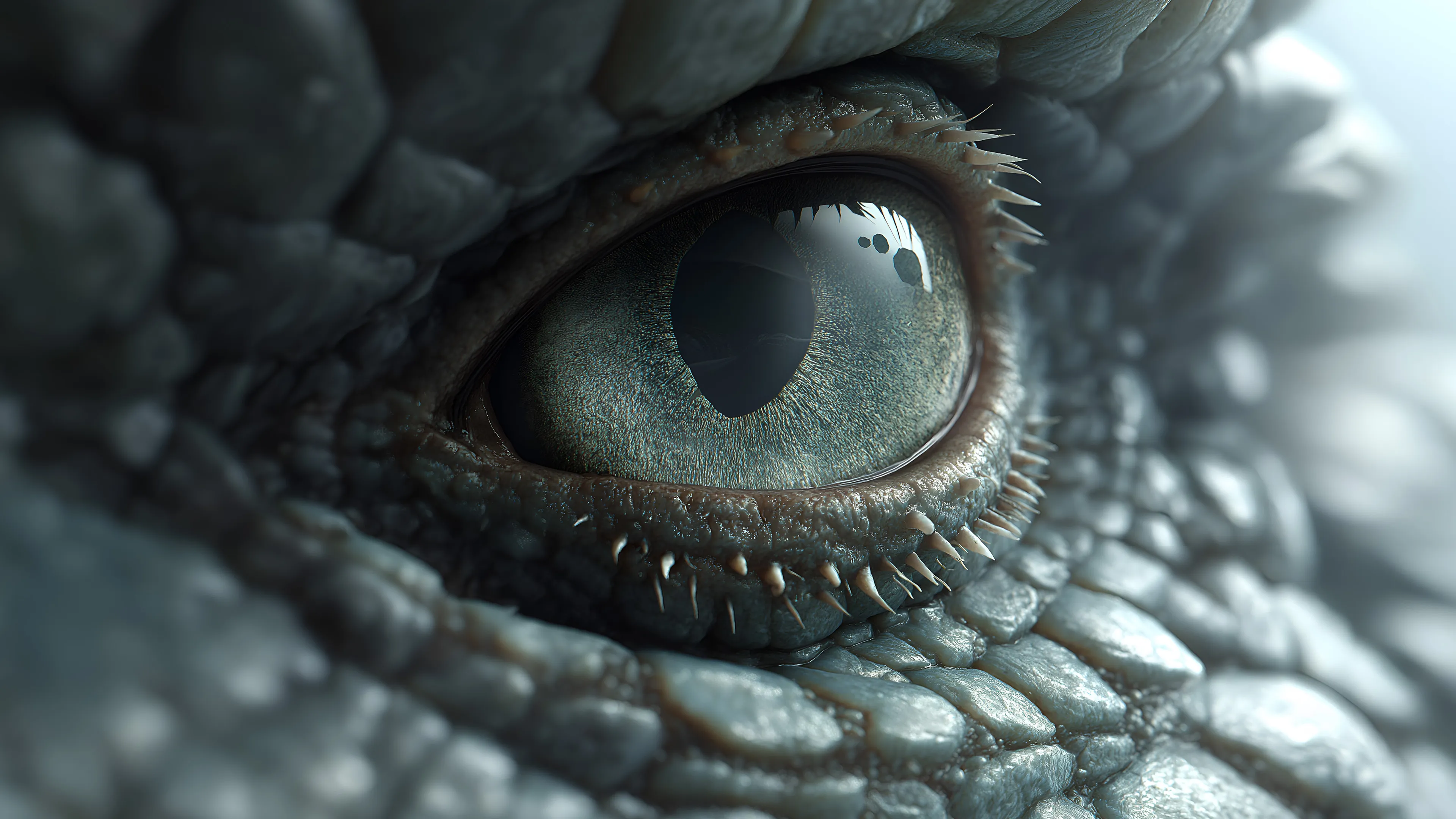 A highly detailed, photorealistic close-up of a large reptilian or dragon eye. The eye is a deep teal and gray color with a slit pupil, surrounded by intricate, detailed scales. The mood is mysterious and intense, with a sense of otherworldly depth.