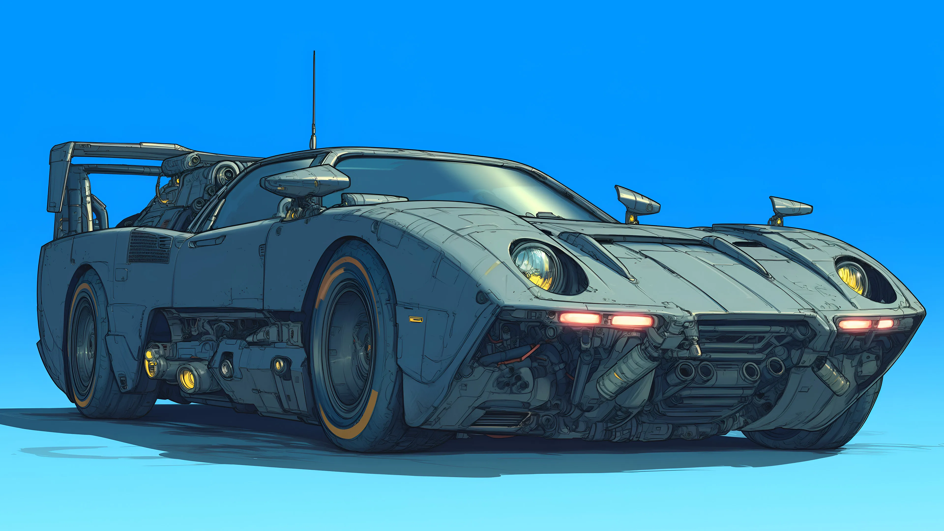 A detailed digital art illustration of a futuristic, sci-fi sports car. The vehicle has a blocky, mechanical design with various pipes, vents, and glowing yellow elements. It is shown from a low angle against a simple, bright blue sky background.