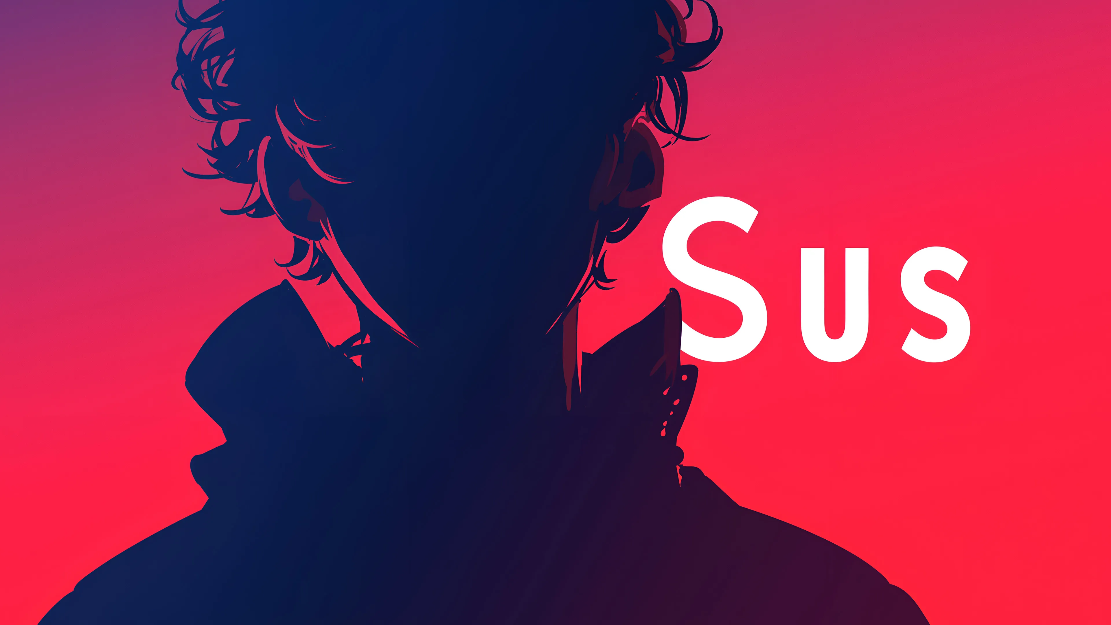 A digital art illustration of a person's silhouette from the shoulders up, with messy hair. The figure is cast in a dark, mysterious shadow against a vibrant red and blue gradient background. The word 'Sus' is prominently displayed in large white text on the right side of the image.