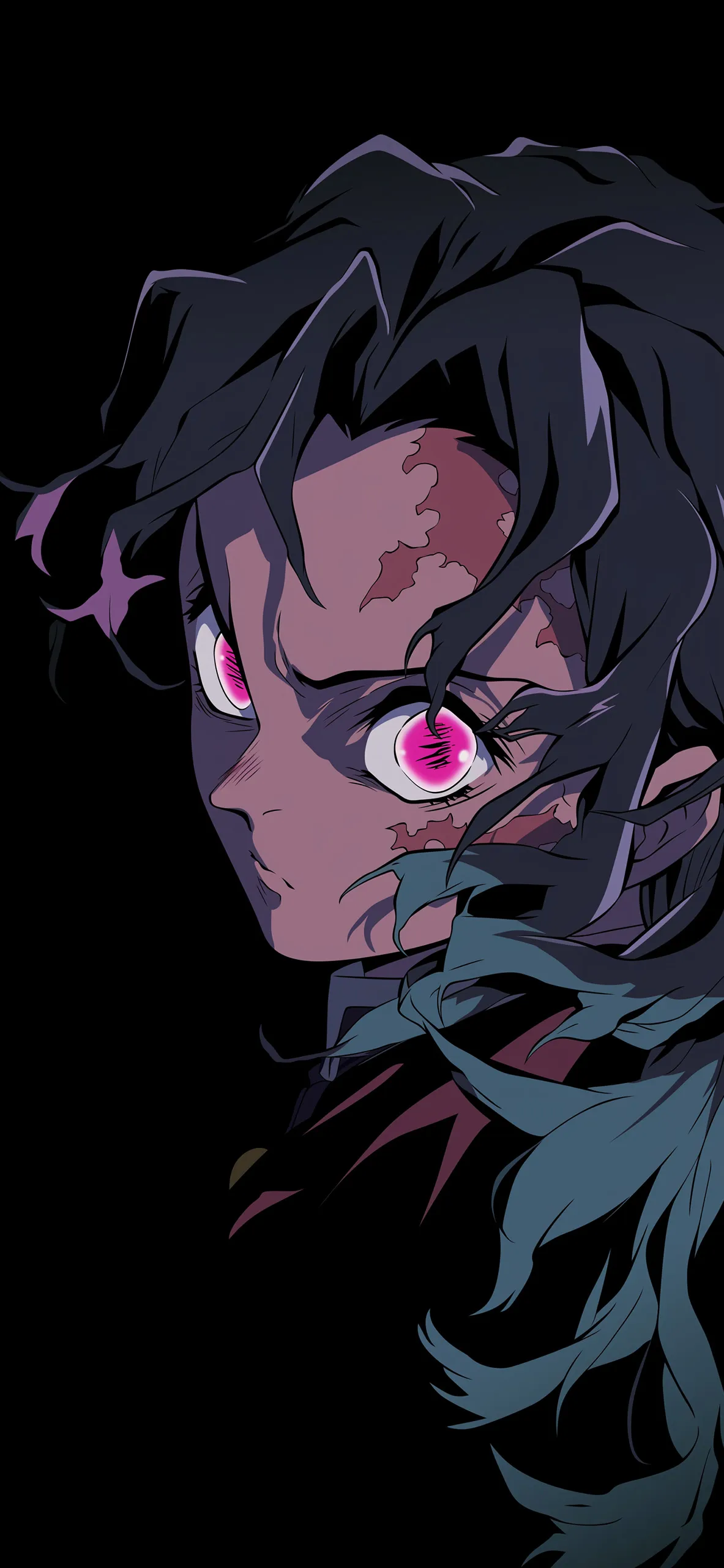 A close-up digital art illustration of an anime boy with messy dark hair and an intense, enraged expression. His eyes are glowing a vibrant pink, and his skin has subtle blemishes or patterns. The background is a solid black, and the character is lit from below, creating a dark and dramatic mood.
