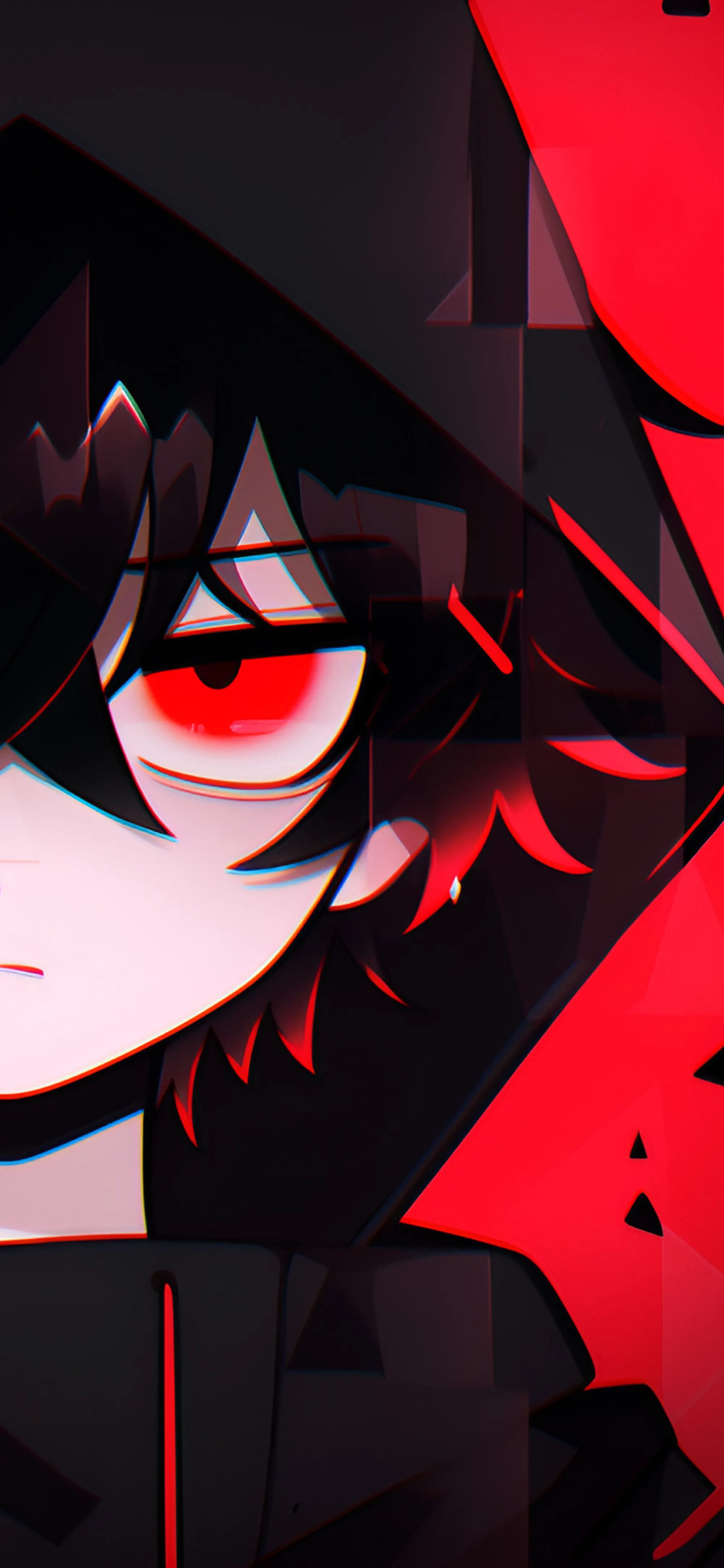 A close-up digital art illustration of an anime boy with messy black hair, wearing a black hoodie. One of his eyes is glowing with an intense red light. The right side of the image is dominated by red, abstract, glitch-like geometric shapes, giving the image a dark, chaotic, and mysterious aesthetic.