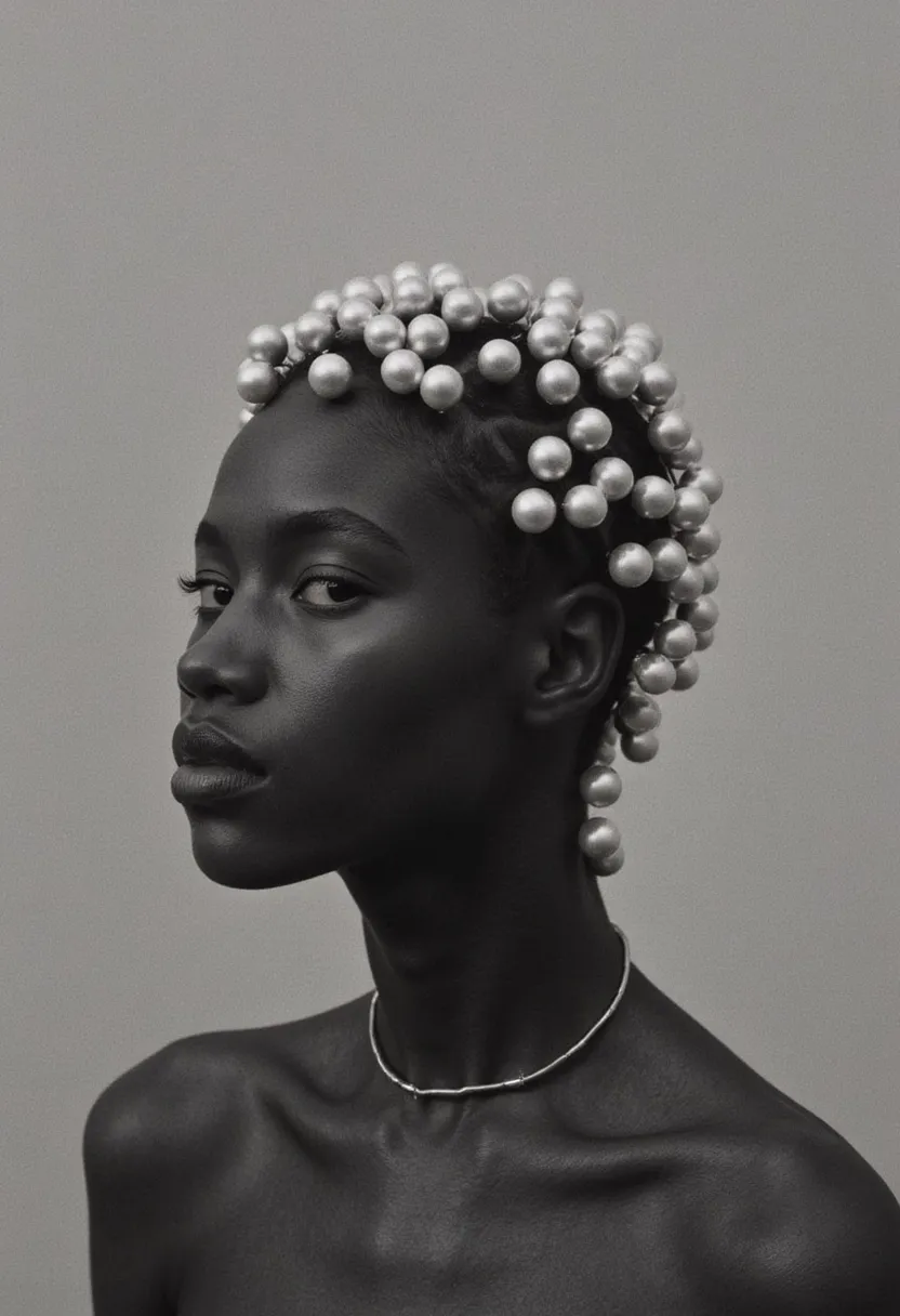 A striking black and white portrait photograph of a woman. She is wearing a headdress made of large, glossy pearls that are attached to her short, intricate hairstyle. She has a simple choker necklace and a powerful, pensive expression. The background is a solid light gray, emphasizing the subject.