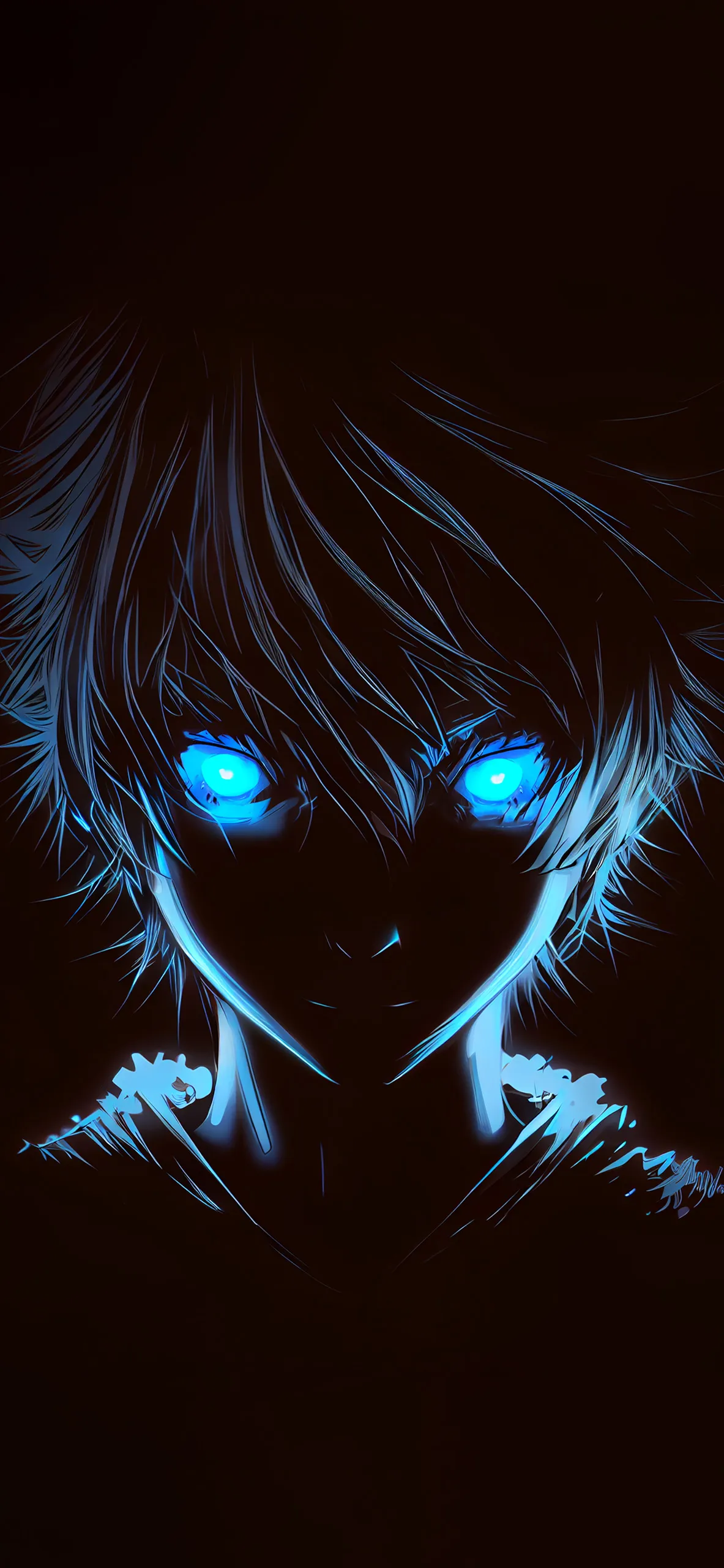 A minimalist and intense digital art illustration of an anime boy. His face is mostly in shadow, but his messy hair and facial features are illuminated by a brilliant, glowing blue light coming from his eyes. The background is completely black, creating a mysterious and powerful mood.