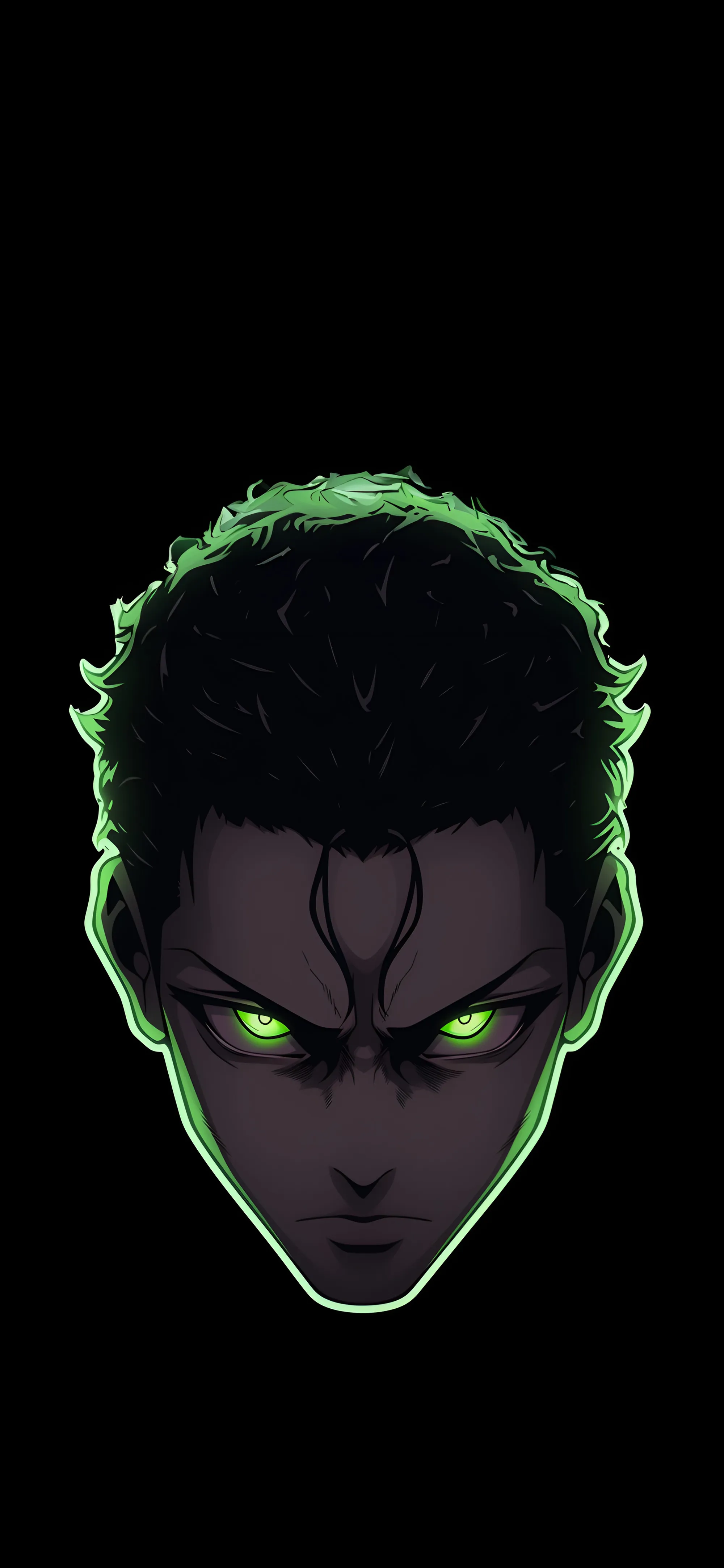 A minimalist digital art illustration of an anime boy's head. The head is a dark silhouette, but his hair is outlined in a glowing green light, and his eyes are glowing a piercing green. The expression is angry and intense. The background is a solid black, creating a powerful and dark aesthetic.
