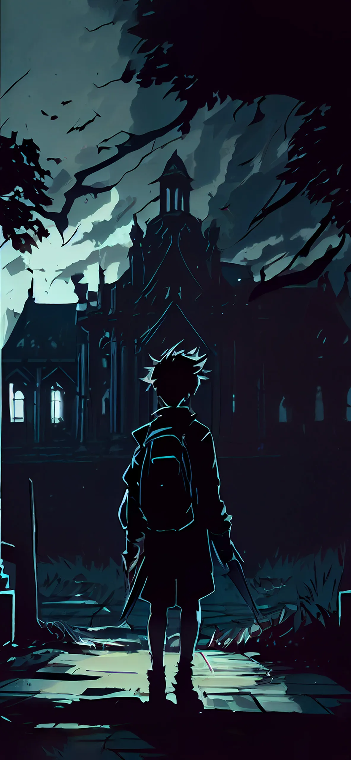 A digital art illustration of a young boy's silhouette, seen from the back, standing on a path and looking towards a large, mysterious old building at night. The scene is illuminated by a faint, glowing light. The overall mood is dark and mysterious, with a dark blue and black color palette.