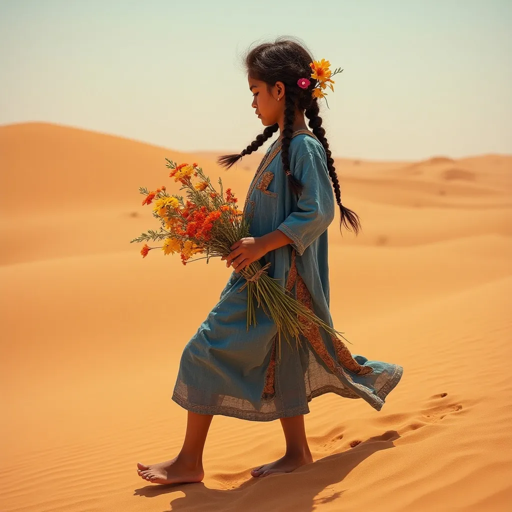 A photograph of a young girl with long braided hair, wearing a traditional blue-green dress, walking barefoot across the sand dunes of a desert. She is carrying a large bouquet of vibrant orange and yellow flowers. There are also flowers tucked into her hair. The mood is peaceful and a bit surreal.