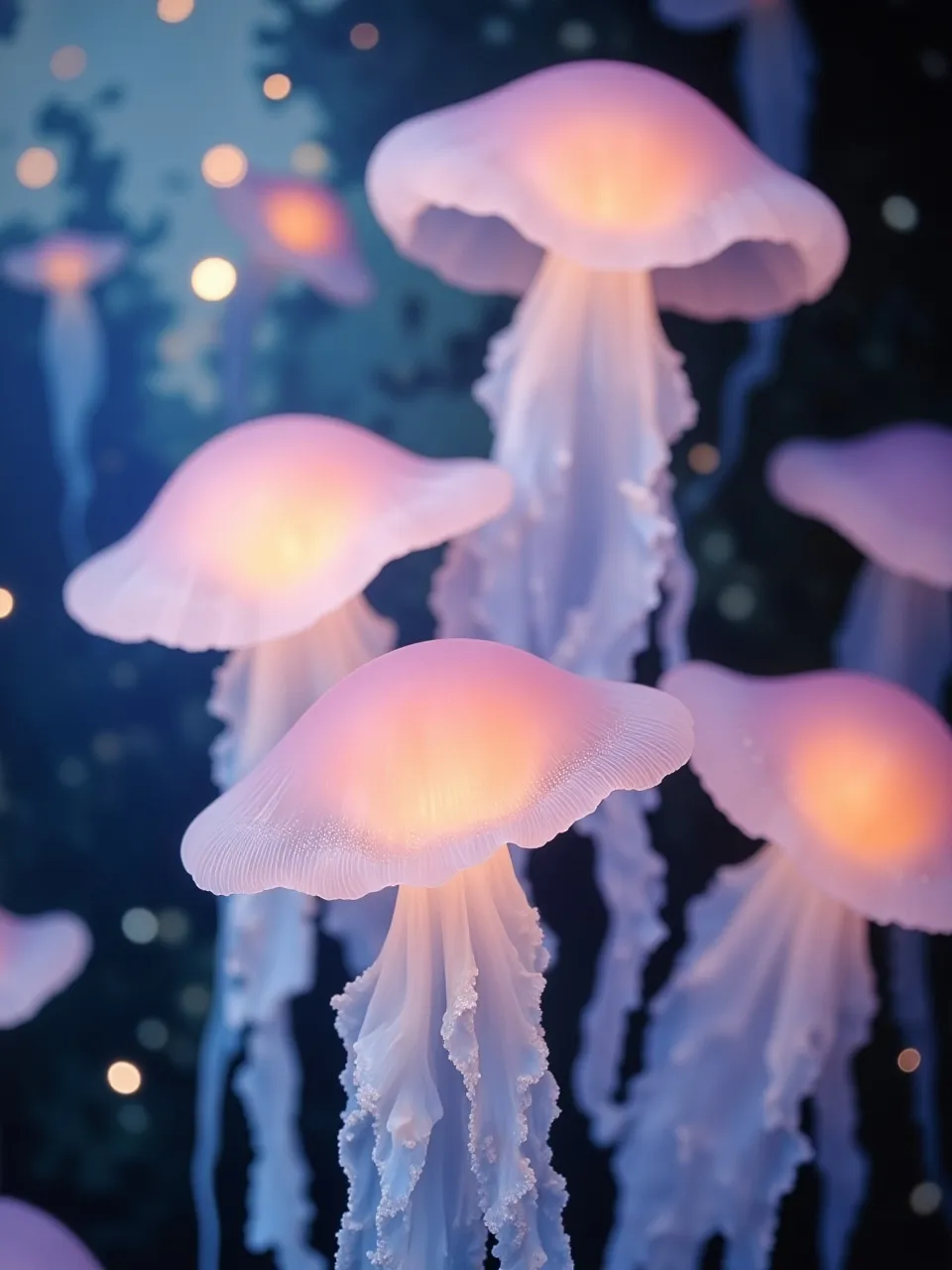 A magical and photorealistic digital art illustration of several translucent jellyfish floating in a dark, deep-sea environment. The jellyfish glow with a soft, warm pink and orange light from within, illuminating the water around them. The background is a dark, mysterious blue with blurred lights in the distance.