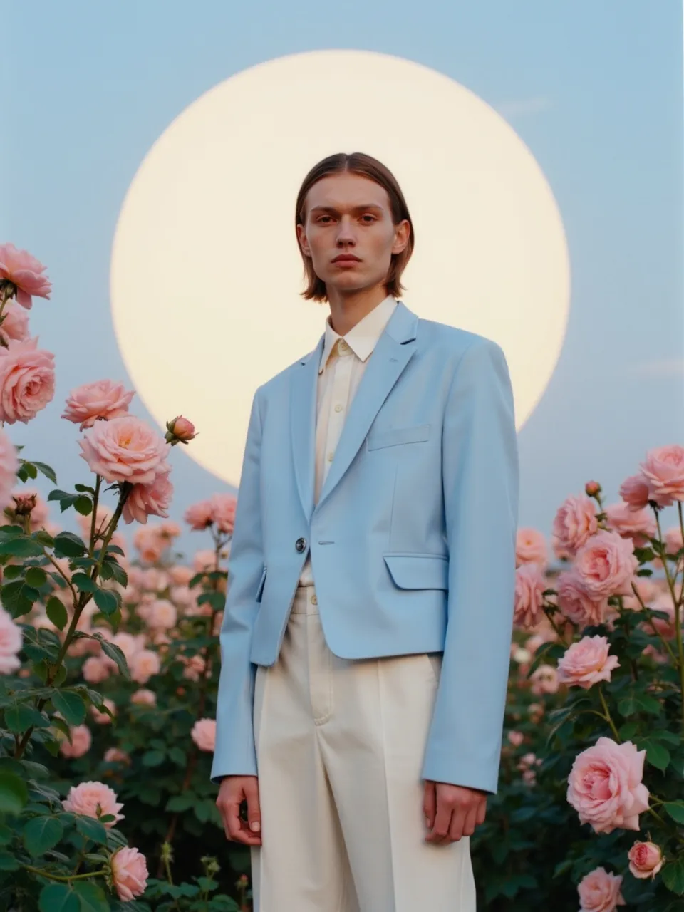 A surreal and high-fashion photograph of a man with long brown hair, wearing a light blue blazer over a white shirt and pants. He is standing in a field of blooming pink roses. Behind him, a large, glowing white circle hangs in the sky like a moon. The color palette is soft, and the mood is serene and otherworldly.
