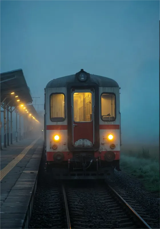 A photograph of an old train with its lights on, sitting at a rural train station platform shrouded in thick fog. The platform lights are glowing yellow, and the overall mood is mysterious and serene. The image is composed from a straight-on, low-angle perspective.