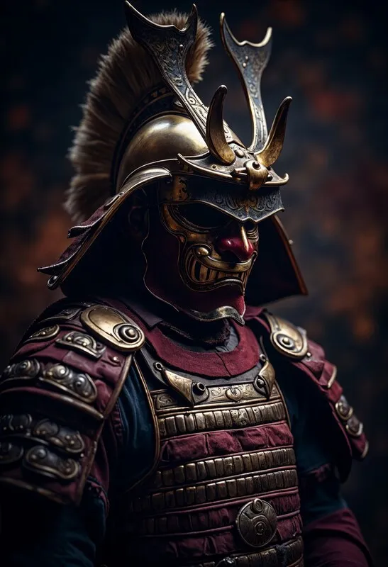 A highly detailed, photorealistic close-up portrait of a samurai warrior. He is wearing a fearsome red and gold mask with a grin, a large golden helmet with horns, and detailed red armor. The background is dark and out of focus, highlighting the intricate details of the armor and mask.