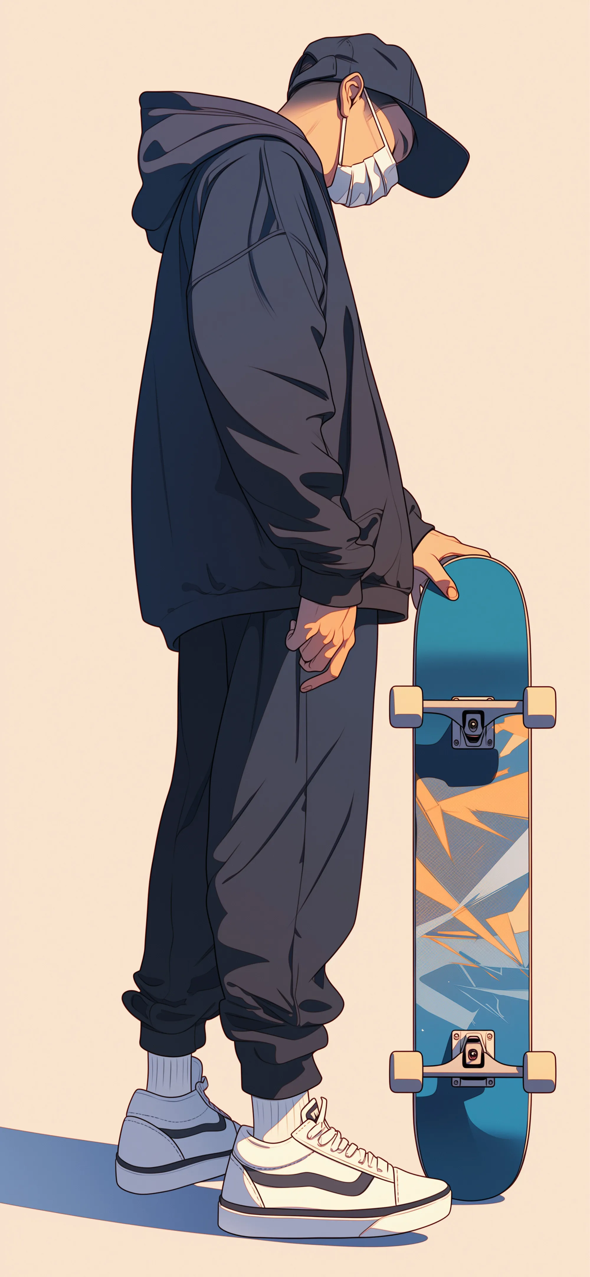 A digital art illustration of a cool male character standing and holding a skateboard. He is wearing a dark blue hoodie, baggy pants, a white face mask, and a baseball cap. The skateboard has a cool, abstract pattern on the bottom. The background is a solid, light beige color, emphasizing the urban style.