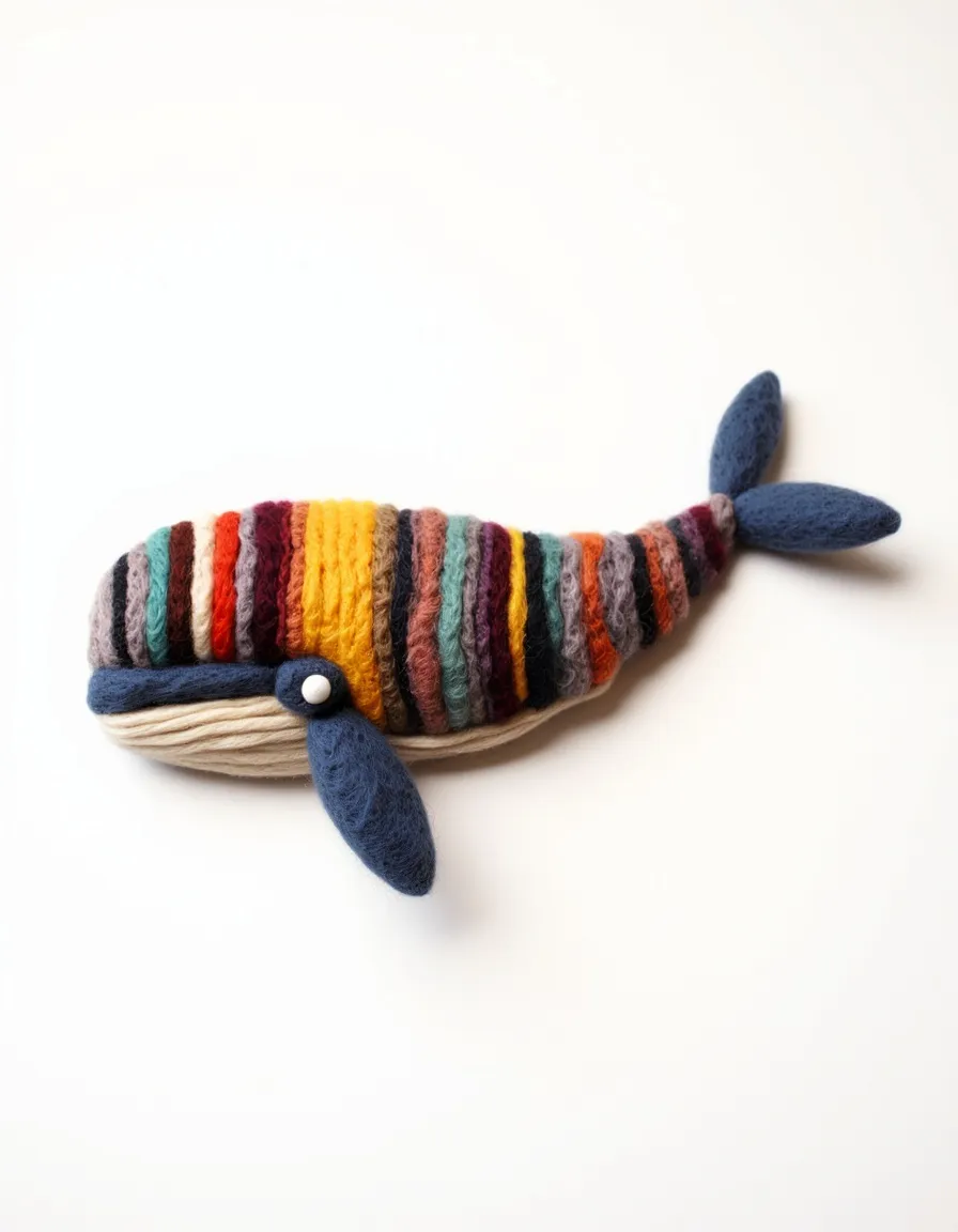 A photograph of a striped, knitted whale toy lying on a clean white background. The whale's body is made of multicolored yarn in stripes of red, orange, yellow, blue, green, and brown, while its flippers and tail are solid dark blue. The overall aesthetic is cute and minimalist.