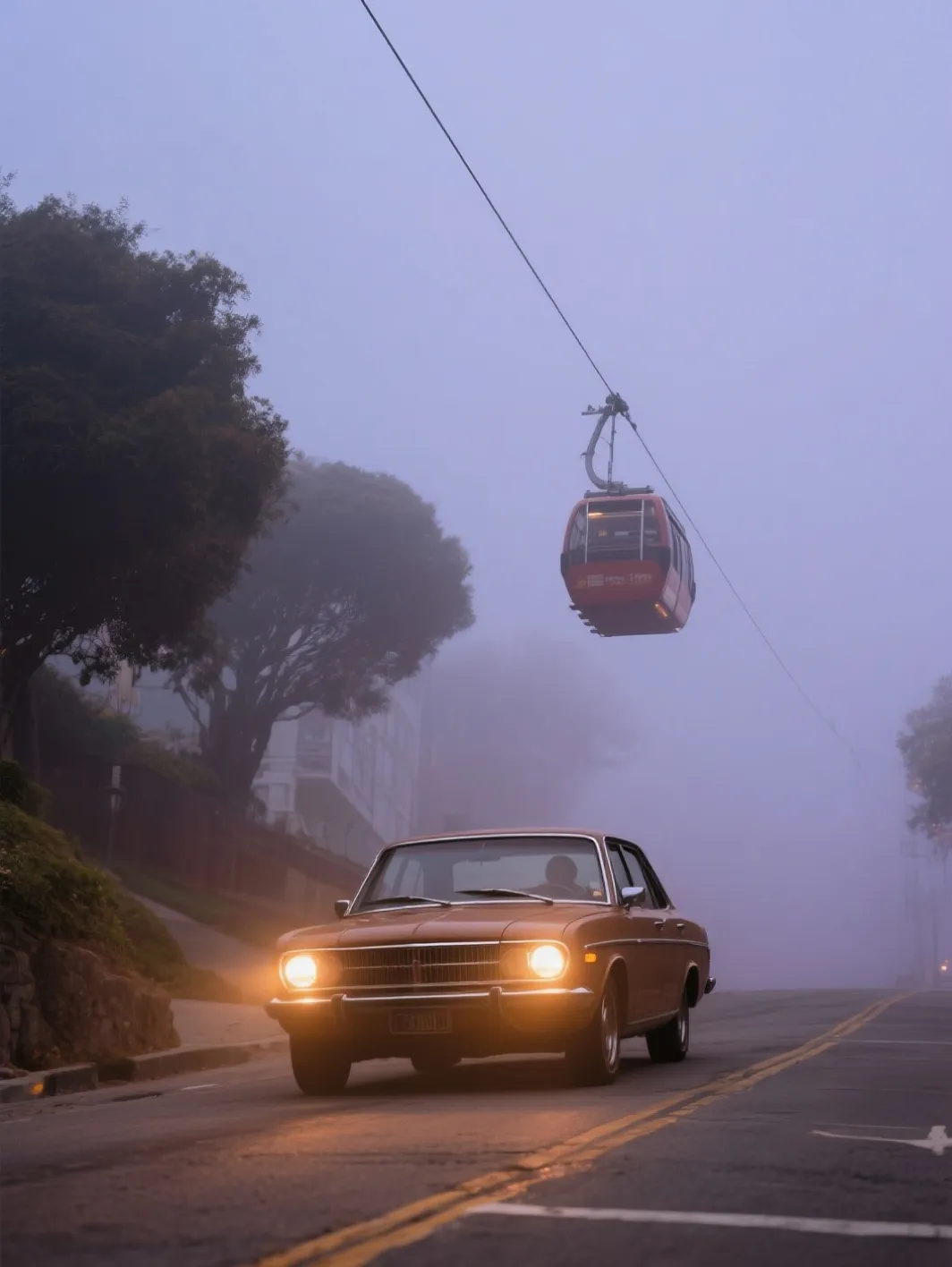A photograph of a classic, brown sedan with its headlights on, driving up a foggy city street. A red gondola cable car is visible in the background, suspended on a cable above the street. The scene is shrouded in a thick, mysterious fog.