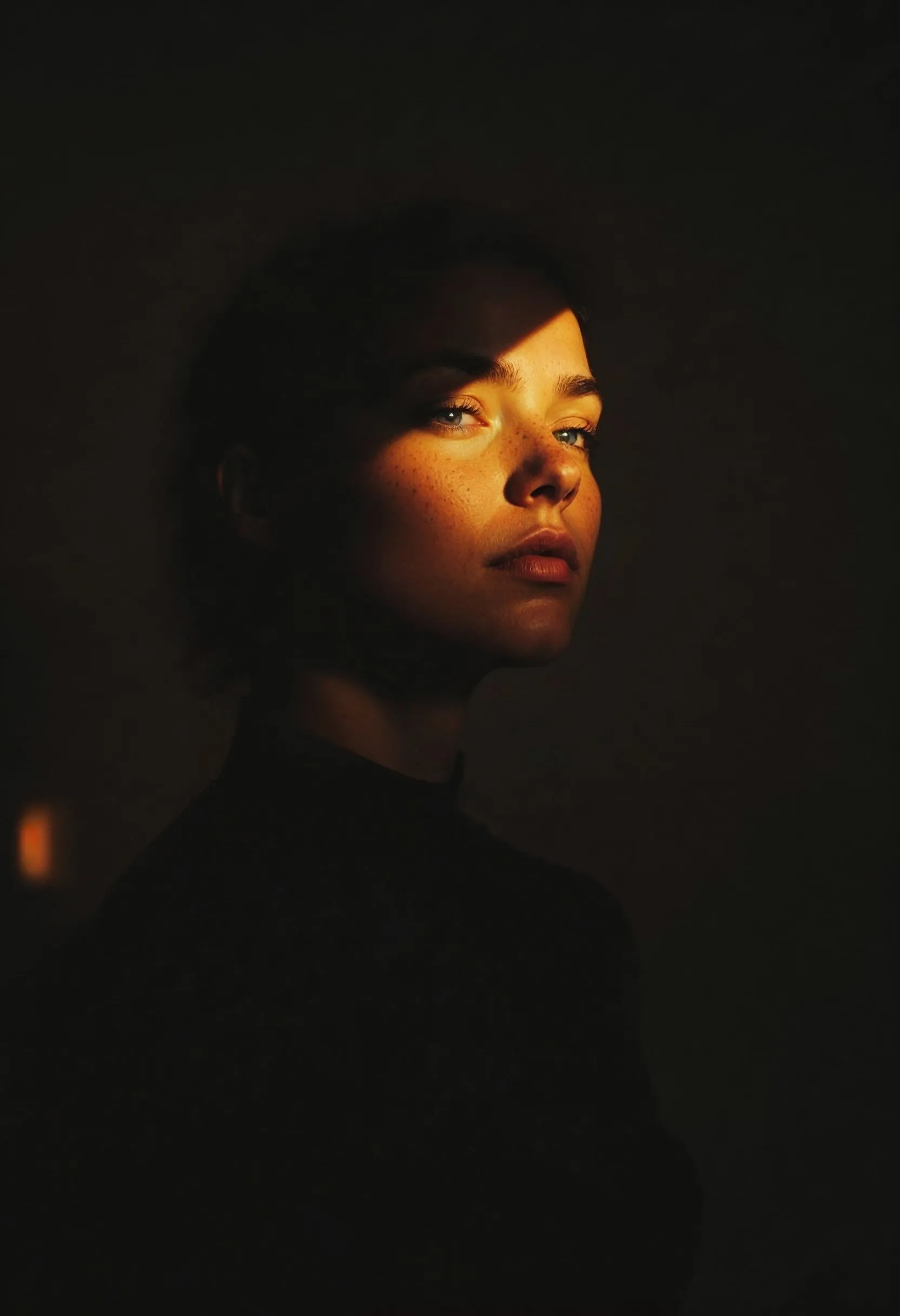 A moody and dramatic portrait photograph of a woman. A strong shaft of golden light illuminates the right side of her face, highlighting her blue eyes, freckles, and features, while the rest of the image is cast in deep shadow. She is looking away with a thoughtful or pensive expression.