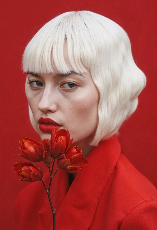 A striking portrait photograph of a woman with short, platinum blonde hair and bangs. She is wearing a red jacket and has bold red lipstick. She is holding a stem of deep red and orange tulips, which match her outfit. The entire background is a solid, vibrant red, creating a monochromatic and intense aesthetic.